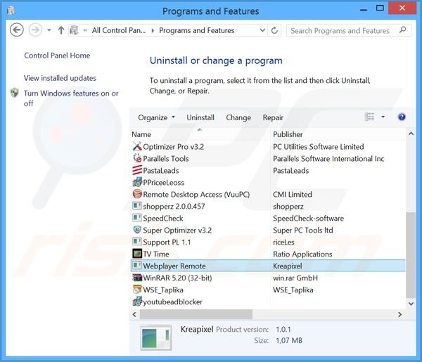 desinstalar o adware Webplayer via Painel de Controlo
