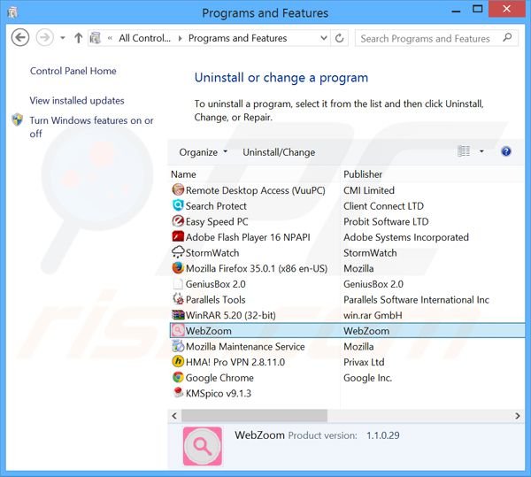 desinstalar o adware Web Zoom através do Painel de Controlo