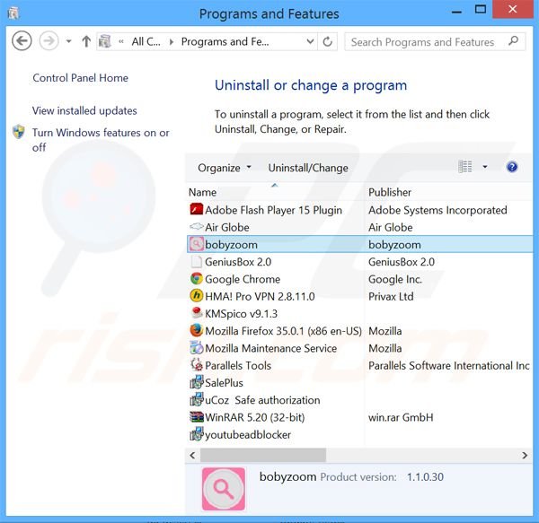 desinstalar o adware Boby Zoom através do Painel de Controlo
