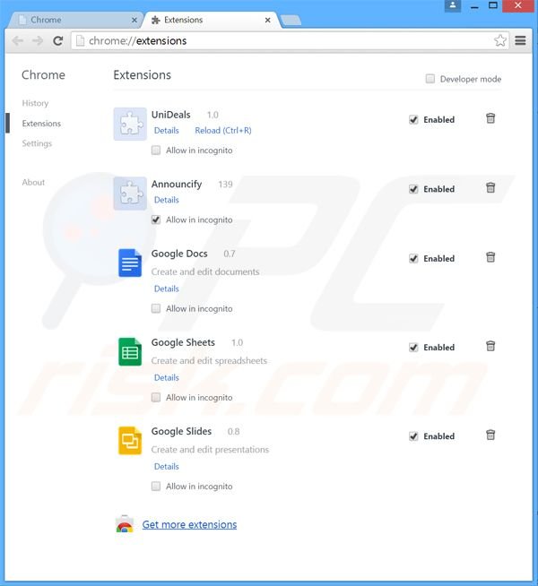 Remova o redirecionamento websearch.coolsearches.info das extensões do Google Chrome.