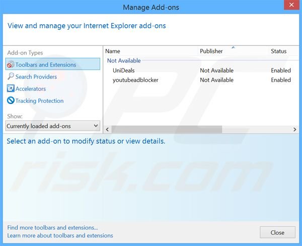 Remova o redirecionamento websearch.coolsearches.info das extensões do Internet Explorer.