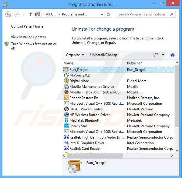 desinstalar o sequestrador de navegador dregol via Painel de Controlo