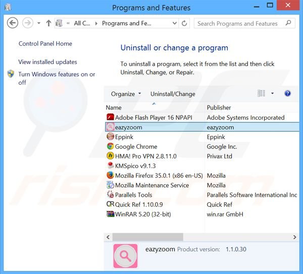 desinstalar o adware Eazy Zoom através do Painel de Controlo