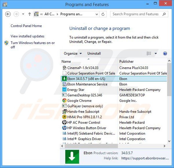 desinstalar o adware ebon através do Painel de Controlo