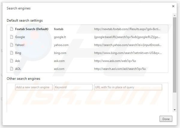 Removendo search.foxtab.com do motor de busca padrão do Google Chrome
