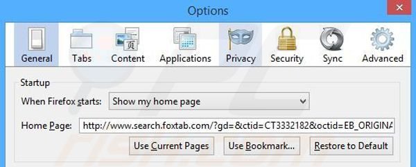 Removenndo search.foxtab.com da página inicial do Mozilla Firefox
