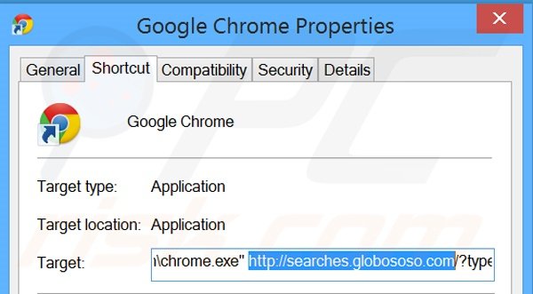 Removendo searches.globososo.com do atalho do Google Chrome passo 2
