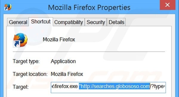 Removendo searches.globososo.com do atalho do Mozilla Firefox passo 2