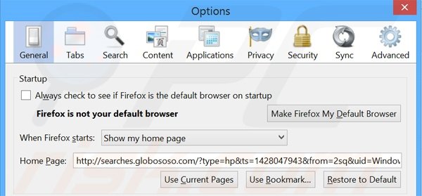 Removendo a página inicial searches.globososo.com do Mozilla Firefox
