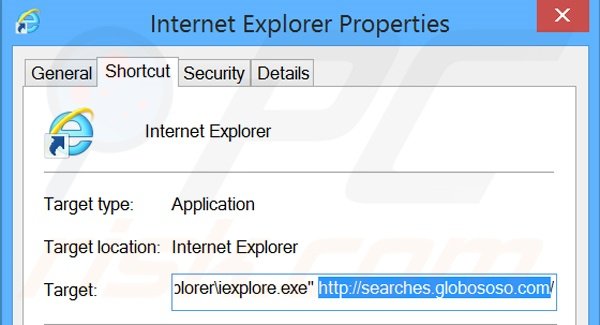 Removendo searches.globososo.com do atalho do Internet Explorer passo 2