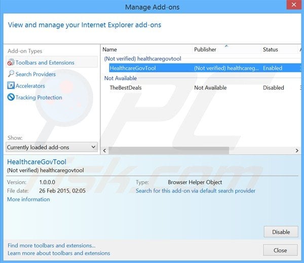 Removendo os anúncios Healthcare Gov Tool do Internet Explorer passo 2