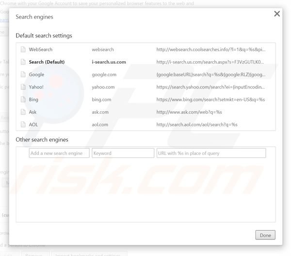 Removendo i-search.us.com do motor de busca padrão do Google Chrome