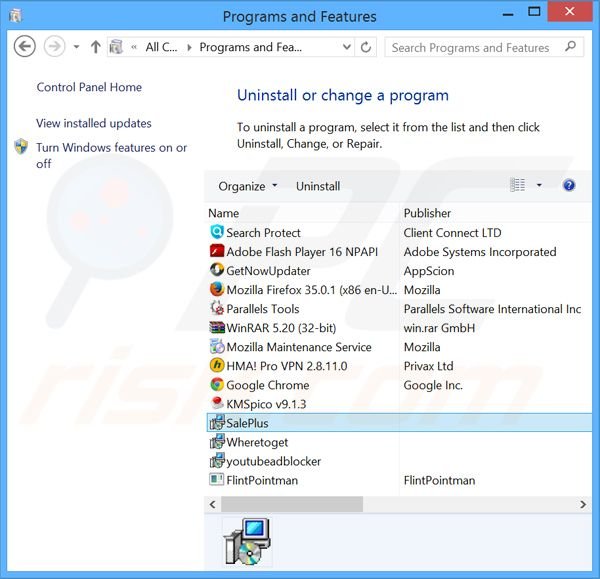 desinstalar o adware SalePlus via Painel de Controlo
