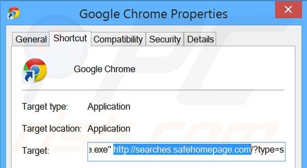 Removendo searches.safehomepage.com do atalho do Google Chrome passo 2