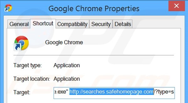 Removendo searches.safehomepage.com do atalho do Google Chrome passo 2