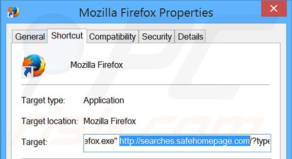 Removendo searches.safehomepage.com do atalho do Mozilla Firefox passo 2
