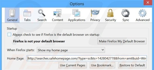 Removendo a página inicial searches.safehomepage.com do Mozilla Firefox