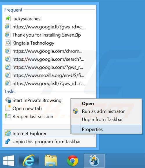 Removendo searches.safehomepage.com do atalho do Internet Explorer passo 1