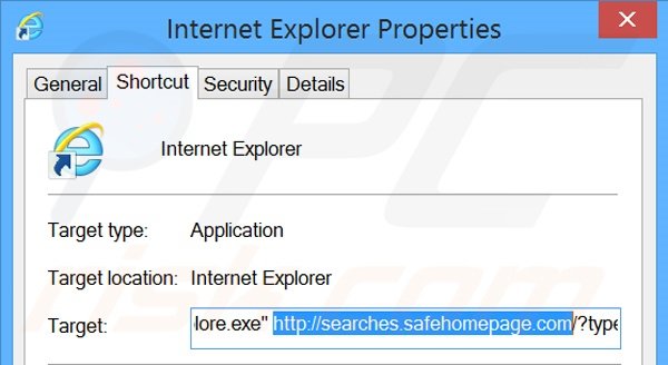 Removendo searches.safehomepage.com do atalho do Internet Explorer passo 2