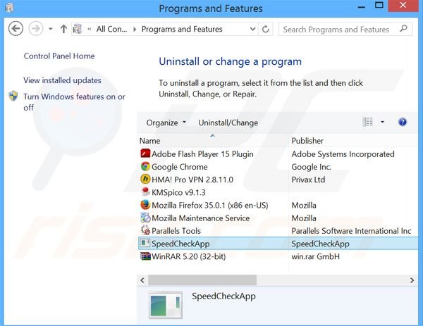 desinstalar o adware SpeedCheckApp através do Painel de Controlo