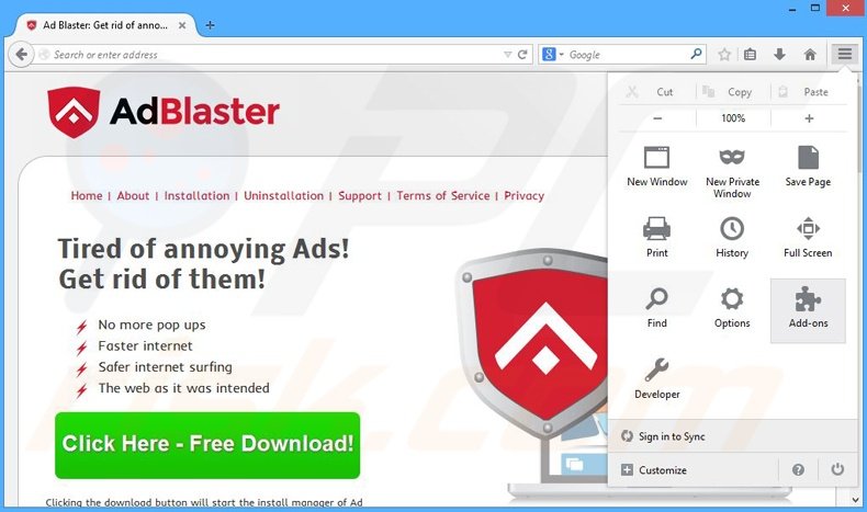 Removendo os anúncios Ad Blaster do Mozilla Firefox passo 1