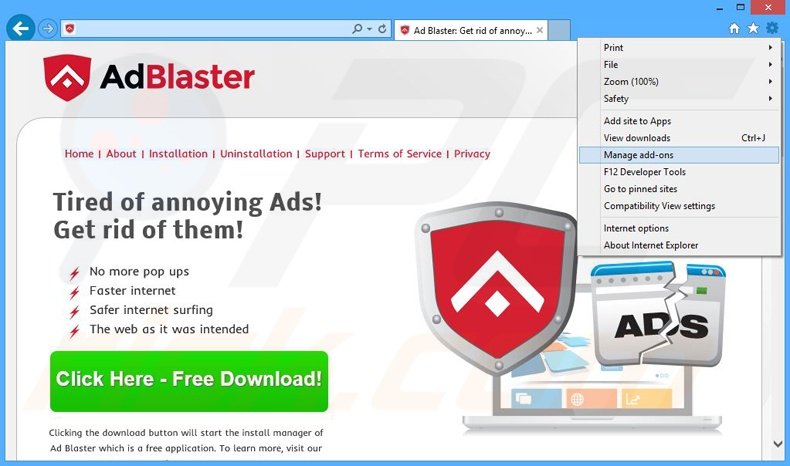 Removendo os anúncios Ad Blaster do Internet Explorer passo 1