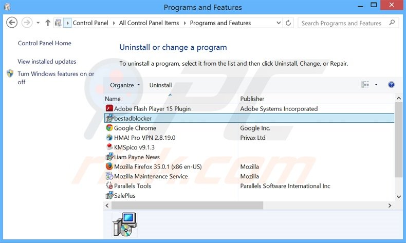 desinstalar o adware bestadblocker via Painel de Controlo