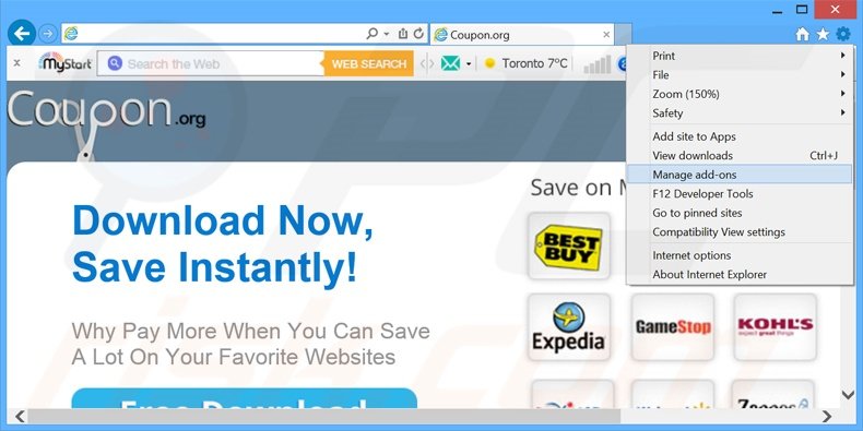 Removendo os anúncios Coupoon do Internet Explorer passo 1