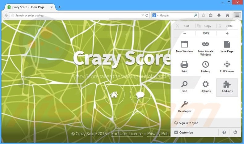 Removendo os anúncios Crazy Score do Mozilla Firefox passo 1