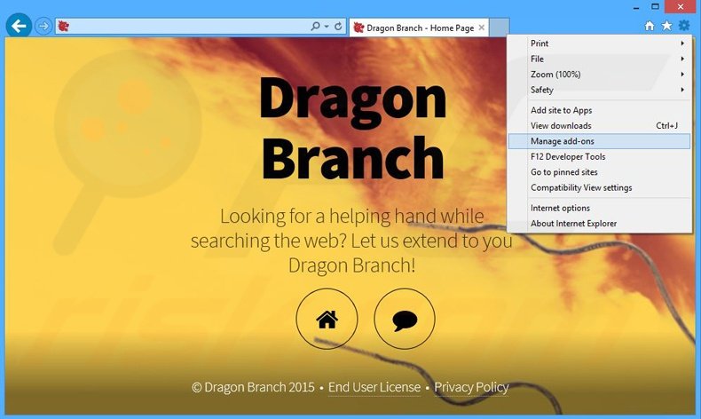 Removendo os anúncios Dragon Branch do Internet Explorer passo 1