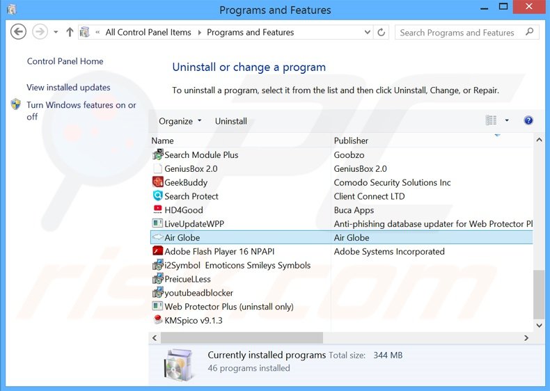 desinstalar o adware Dragon Branch via Painel de Controlo