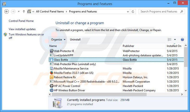 desinstalar o adware glass bottle via Painel de Controlo