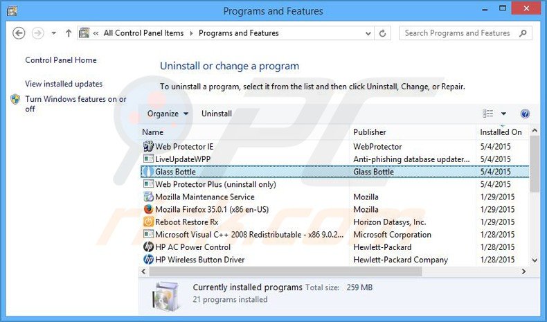 desinstalar o adware glass bottle via Painel de Controlo
