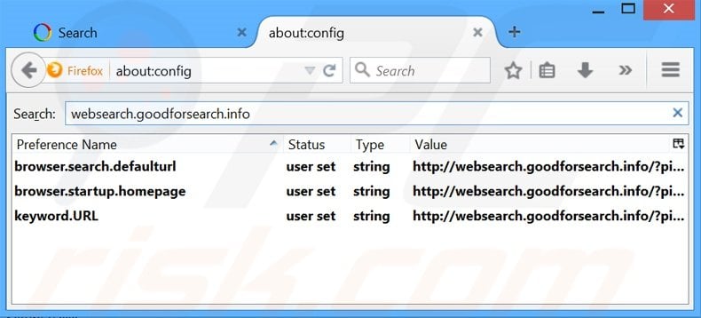 Removendo a página inicial websearch.goodforsearch.info e motor de busca padrão do Mozilla Firefox.
