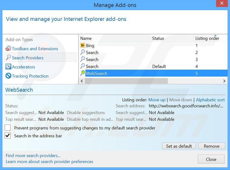 Removendo o motor de busca inicial websearch.goodforsearch.info do Internet Explorer