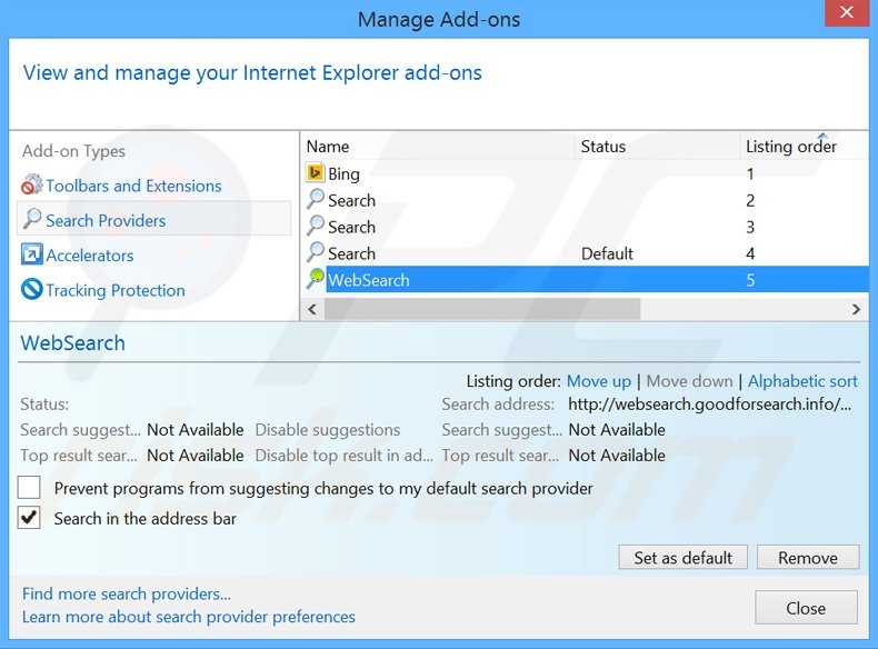 Removendo o motor de busca inicial websearch.goodforsearch.info do Internet Explorer