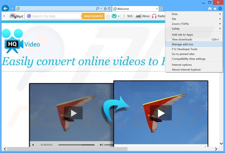 Removendo os anúncios HQ Video Pro do Internet Explorer passo 1