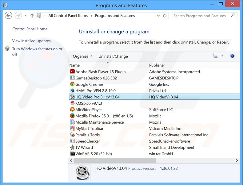 dsdesinstalar o adware HQ Video Pro através do Painel de Controlo