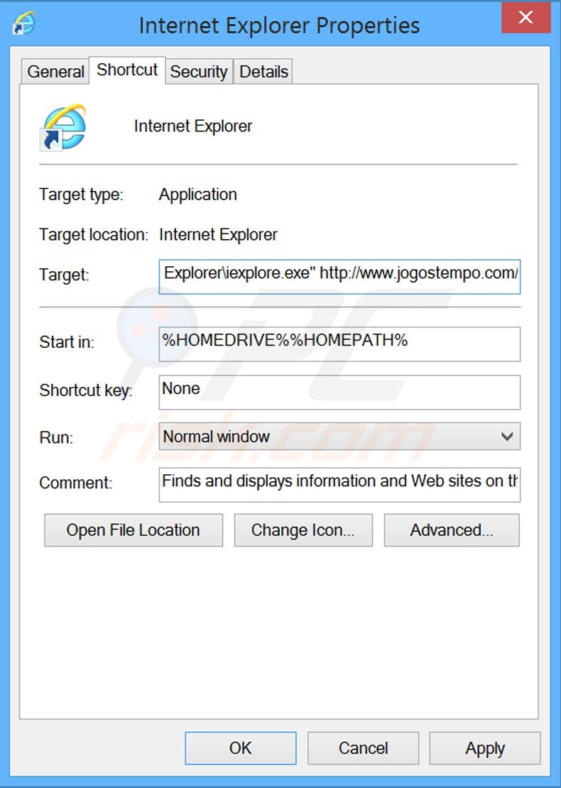 Removendo jogostempo.com do atalho do Internet Explorer passo 2