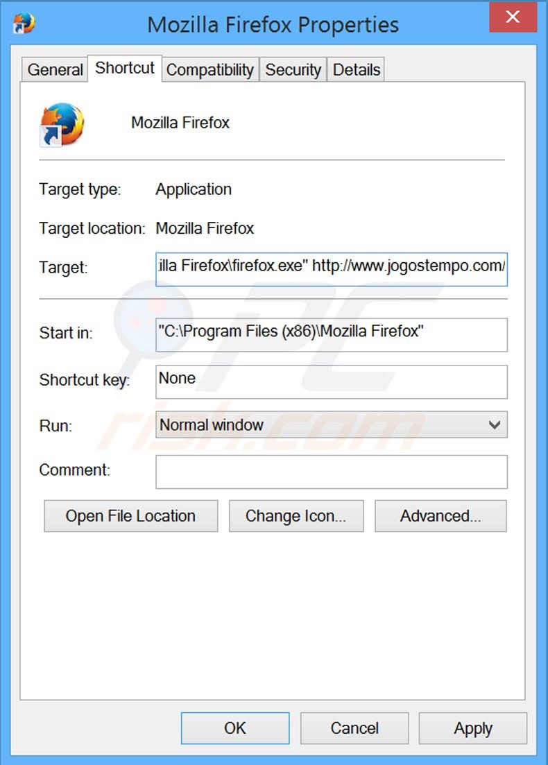 Removendo jogostempo.com do atalho do Mozilla Firefox passo 2