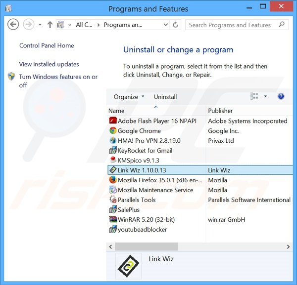 Remoção do adware LinkWiz via Painel de Controlo