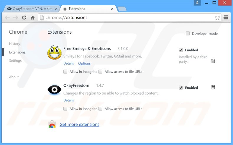 Removendo os anúncios OkayFreedom do Google Chrome passo 2