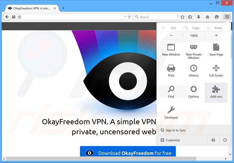 Removendo os anúncios OkayFreedom do Mozilla Firefox passo 1