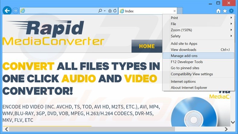 Removendo os anúncios Rapid Media Converter do Internet Explorer passo 1