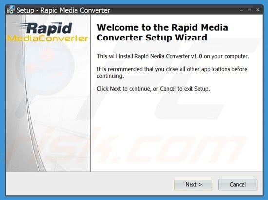 Configuração do instalador do adware Rapid Media Converter