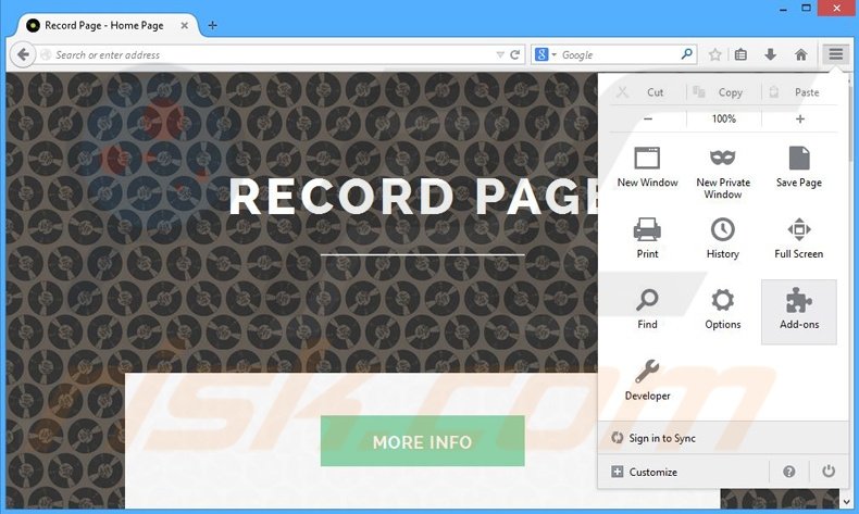 Removendo os anúncios Record Page do Mozilla Firefox passo 1