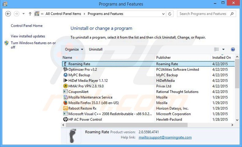 desinstalar o adware roamingrate via Painel de Controlo