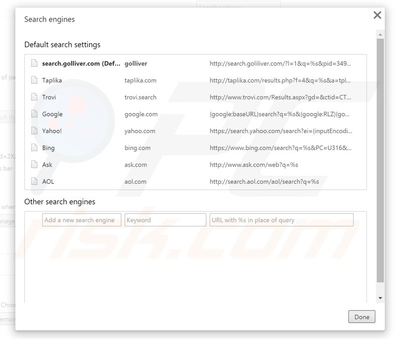 Removendo search.golliver.com do motor de busca padrão do Google Chrome