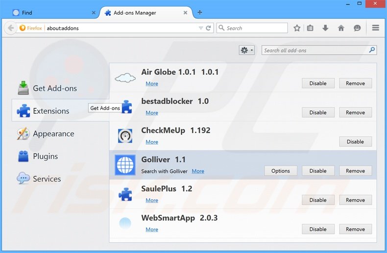 Removendo as extensões relacionadas a search.golliver.com do Mozilla Firefox