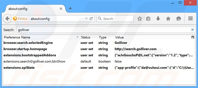 Removendo search.golliver.com da página inicial e motor de busca padrão do Mozilla Firefox